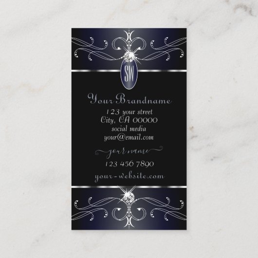 Exquise Zwart en Blauw Ornamenten Initialen Visitekaartje (Achterkant)