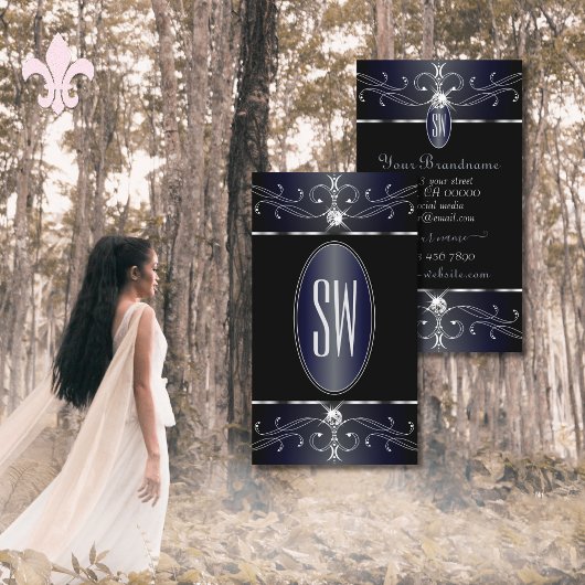 Exquise Zwart en Blauw Ornamenten Initialen Visitekaartje