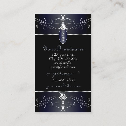 Exquise Zwart en Blauw  Ornamenten Monogram Visitekaartje (Achterkant)