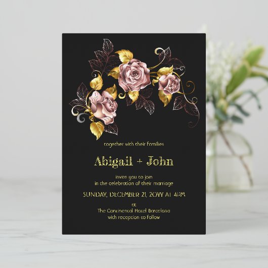 Exquise zwart en goud bloemenborduurwerk folie uitnodiging (Staand Voorkant)