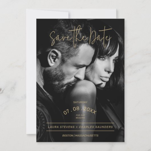 Exquise Zwart & Wit Gouden Script Bruiloft Save The Date (Voorkant)
