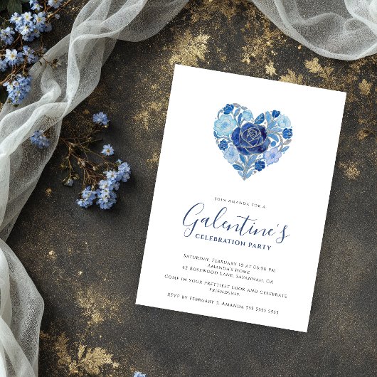 Exquisite Blue Floral Heart Galentine's Day Party Kaart