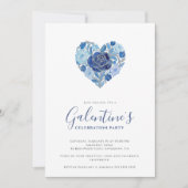 Exquisite Blue Floral Heart Galentine's Day Party Kaart (Voorkant)
