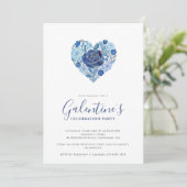 Exquisite Blue Floral Heart Galentine's Day Party Kaart (Staand voorkant)
