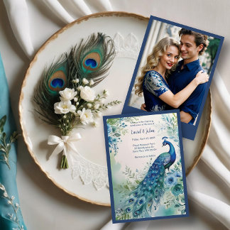 Exquisite Blue & Green Peacock Watercolor Photo  Kaart