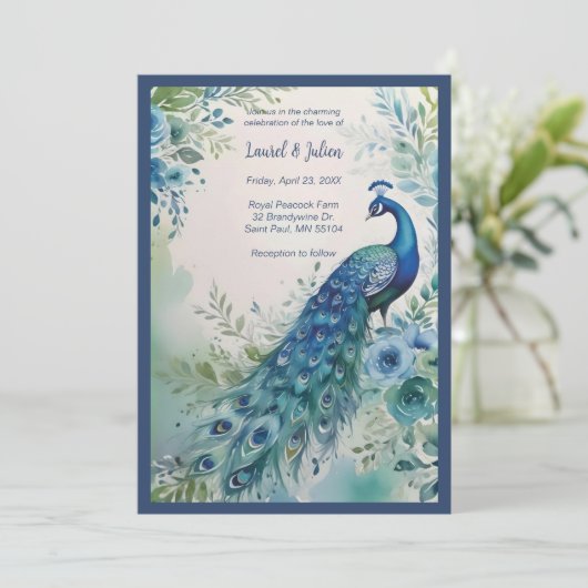 Exquisite Blue & Green Peacock Watercolor Photo  Kaart (Staand voorkant)