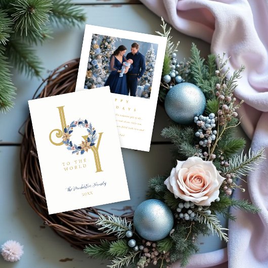 Exquisite Blue Tones & Faux Gold Christmas Wreath Feestdagenkaart