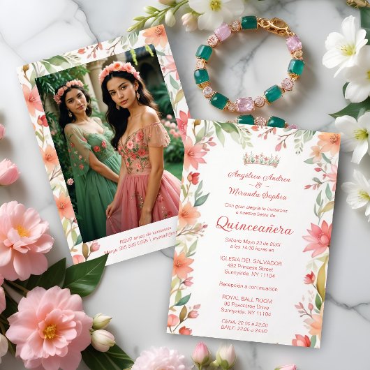 Exquisite Botanical Frame Quinceañera Twins Photo Kaart