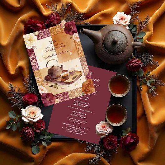 Exquisite Burgundy Oriental Tea Ceremony Wedding Kaart