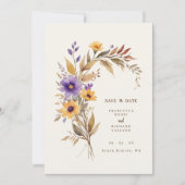 Exquisite Cherish Purple & Yellow Floral Bouquet Save The Date (Voorkant)