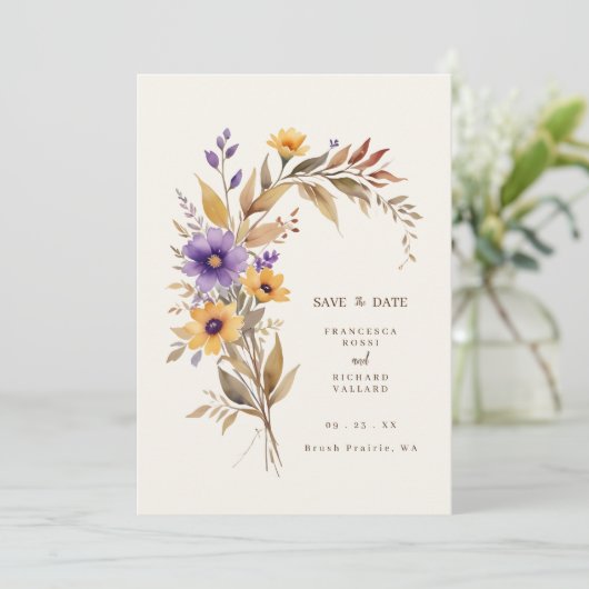 Exquisite Cherish Purple & Yellow Floral Bouquet Save The Date (Staand voorkant)