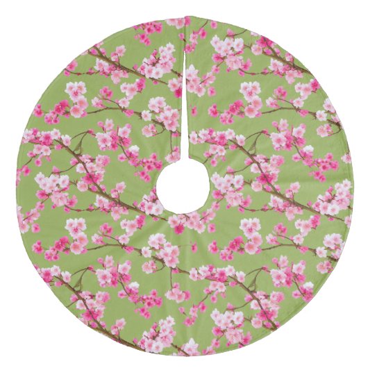 Exquisite Cherry Blossom Florals op Chartreuse Fleece Kerstboom Rok (Voorkant)