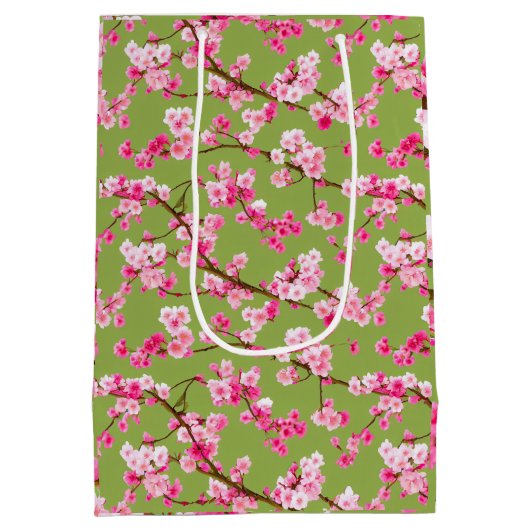 Exquisite Cherry Blossom Florals op Chartreuse Medium Cadeauzakje (Achterkant)