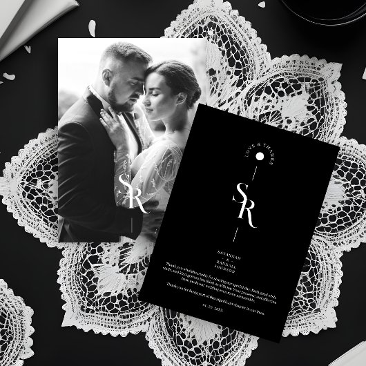 Exquisite Chic Minimalist Black Wedding Initials Bedankkaart