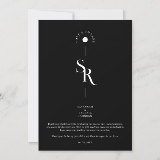 Exquisite Chic Minimalist Black Wedding Initials Bedankkaart (Voorkant)