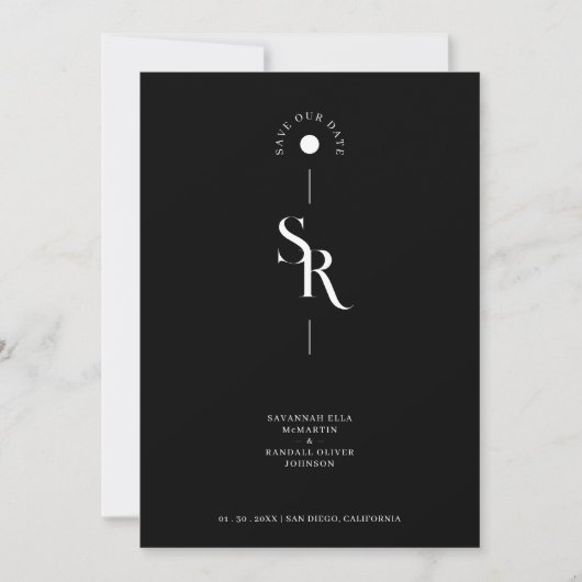 Exquisite Chic Minimalist Black Wedding Initials Save The Date (Voorkant)