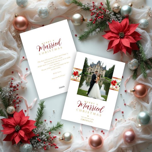 Exquisite Christmas Botanical Border Photo Wedding Feestdagenkaart