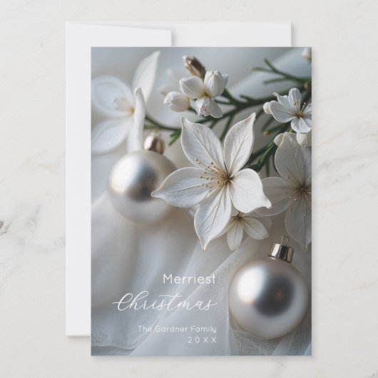 Exquisite Delicate White Flowers Silver Ornament Feestdagenkaart (Voorkant)