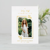 Exquisite Gold Botanical Frame First Communion Folie Uitnodiging (Staand Voorkant)