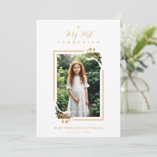 Exquisite Gold Botanical Frame First Communion Kaart (Staand voorkant)