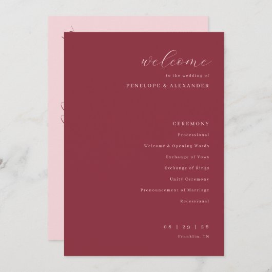 Exquisite Maroon Calligraphy Wedding Ceremony Programmakaart (Voorkant / Achterkant)