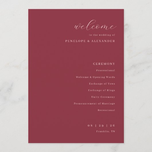 Exquisite Maroon Calligraphy Wedding Ceremony Programmakaart (Voorkant)