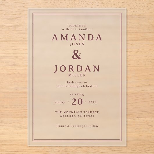 Exquisite Maroon Calligraphy Wedding Invitation Acryl Uitnodigingen (Voorkant)