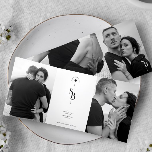 Exquisite Minimalist Black White Wedding 4 Photos Drieluik Uitnodiging