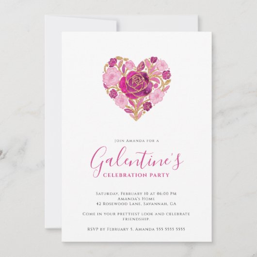 Exquisite Pink Floral Heart Galentine's Day Party  Kaart (Voorkant)
