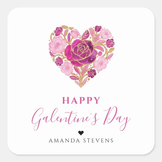 Exquisite Pink Floral Heart Galentine's Day Party Vierkante Sticker (Voorkant)