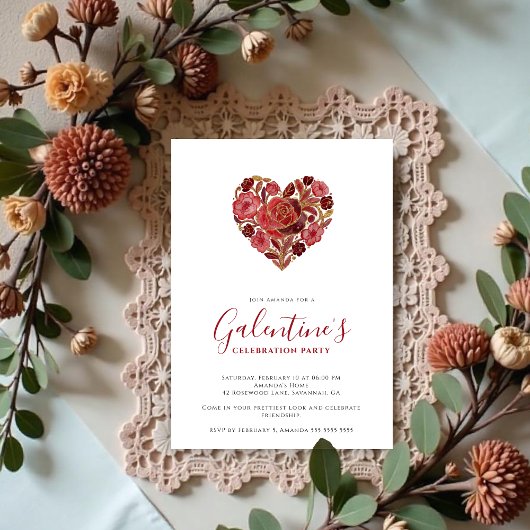 Exquisite Red Floral Heart Galentine's Day Party Kaart