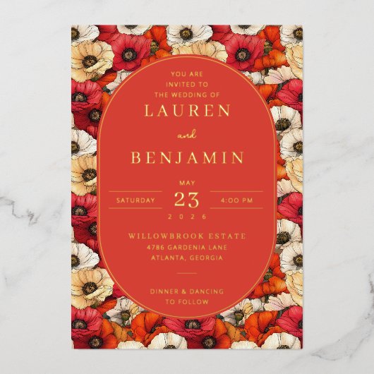 Exquisite Red Floral Wedding Invitation Folie Uitnodiging (Voorkant)