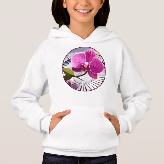 Exquisite roze orchidee Rests op zilver Bord (Voorkant)