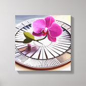 Exquisite roze orchidee Rests op zilver Bord Canvas Afdruk (Voorkant)