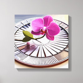 Exquisite roze orchidee Rests op zilver Bord Canvas Afdruk