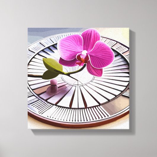 Exquisite roze orchidee Rests op zilver Bord Canvas Afdruk (Voorkant)