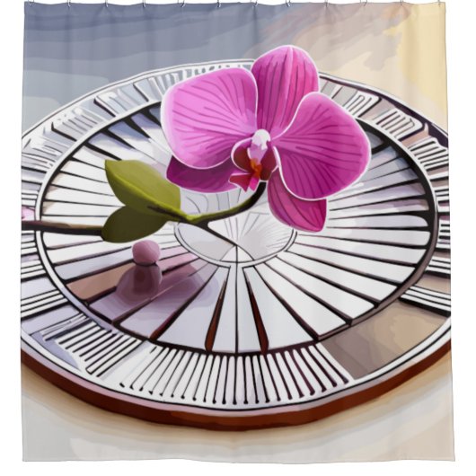Exquisite roze orchidee Rests op zilver Bord Douchegordijn (Voorkant)