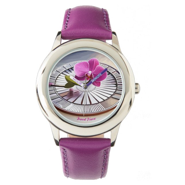 Exquisite roze orchidee Rests op zilver Bord Horloge (Voorkant)