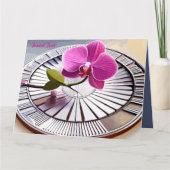 Exquisite roze orchidee Rests op zilver Bord Kaart (Voorkant)