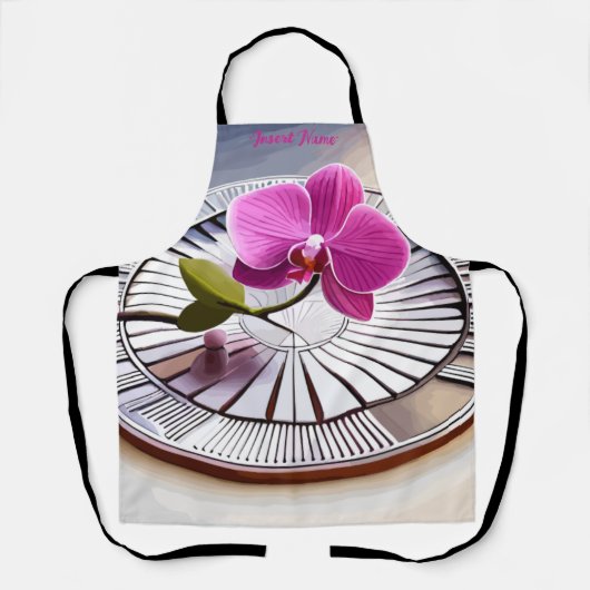 Exquisite roze orchidee Rests op zilver Bord Schort (Voorkant)