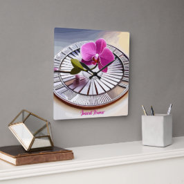 Exquisite roze orchidee Rests op zilver Bord Vierkante Klok