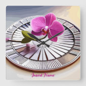Exquisite roze orchidee Rests op zilver Bord Vierkante Klok (Voorkant)