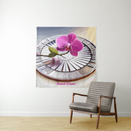 Exquisite roze orchidee Rests op zilver Bord Wandkleed