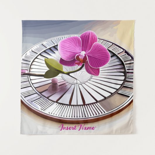 Exquisite roze orchidee Rests op zilver Bord Wandkleed (Voorkant)