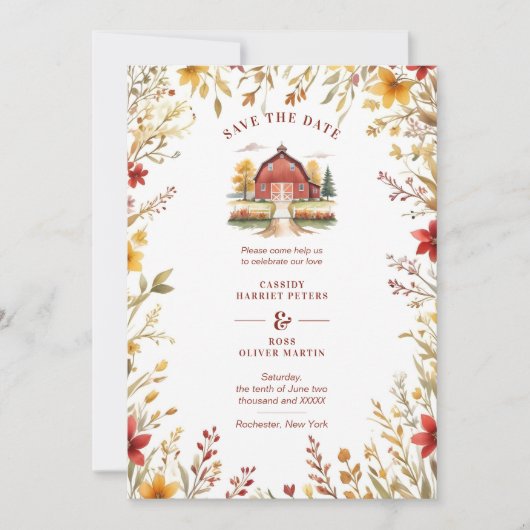 Exquisite Rustic Barn Farmhouse Fall Floral Frame Save The Date (Voorkant)