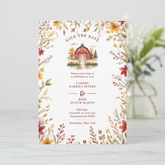 Exquisite Rustic Barn Farmhouse Fall Floral Frame Save The Date (Staand voorkant)