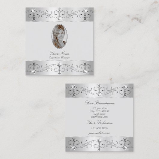 Exquisite Silver Grey  Ornamenten Foto toevoegen Vierkante Visitekaartje (Voorkant / Achterkant)