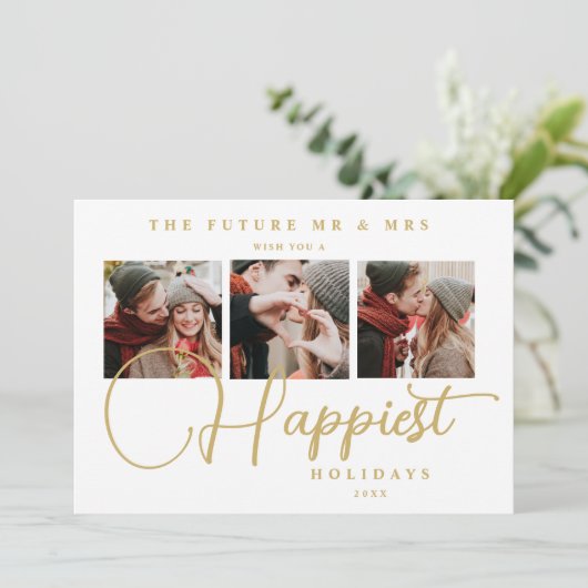 Exquisite Sophisticated Wedding Christmas 3 Photos Save The Date (Staand voorkant)