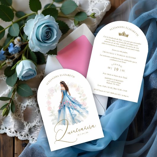 Exquisite Spanish Doll Quinceañera in Blue & Pink Kaart