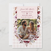 Exquisite Spring Burgundy Floral Arch Wedding Save The Date (Voorkant)